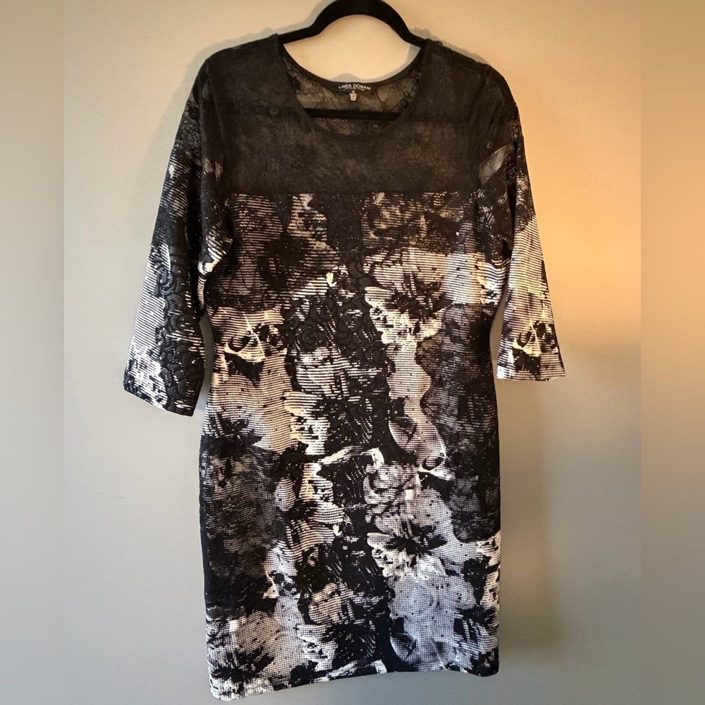 Linea Domani Black and White Floral Dress with Sheer Lace, Sequins, 3/4 Sleeves.
